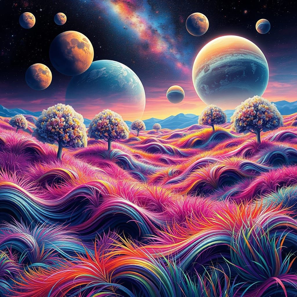 Celestial Dreamscape with Vibrant, Wavy Grasslands
