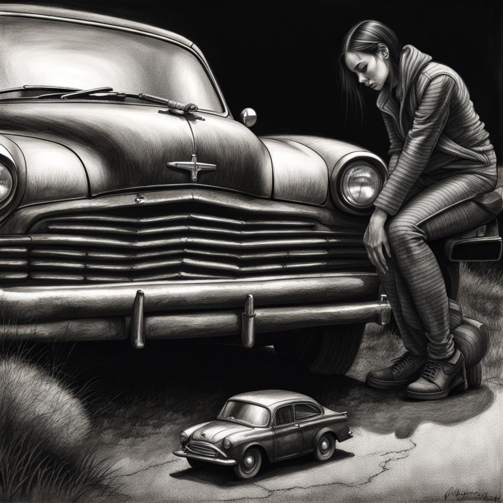 Androgynous Figure with Car: Expressive Pencil Drawing