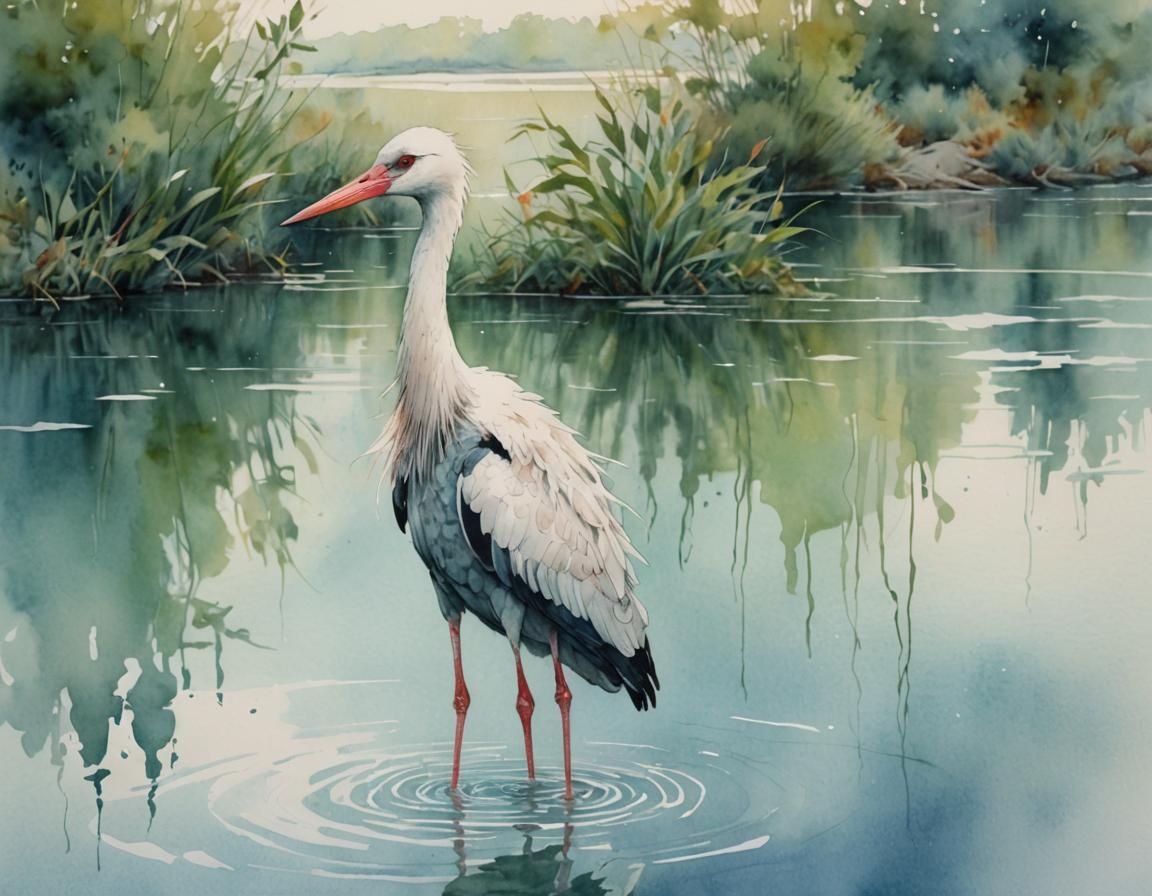 Watercolor Stork in Serene Lake - Ethereal Portrait