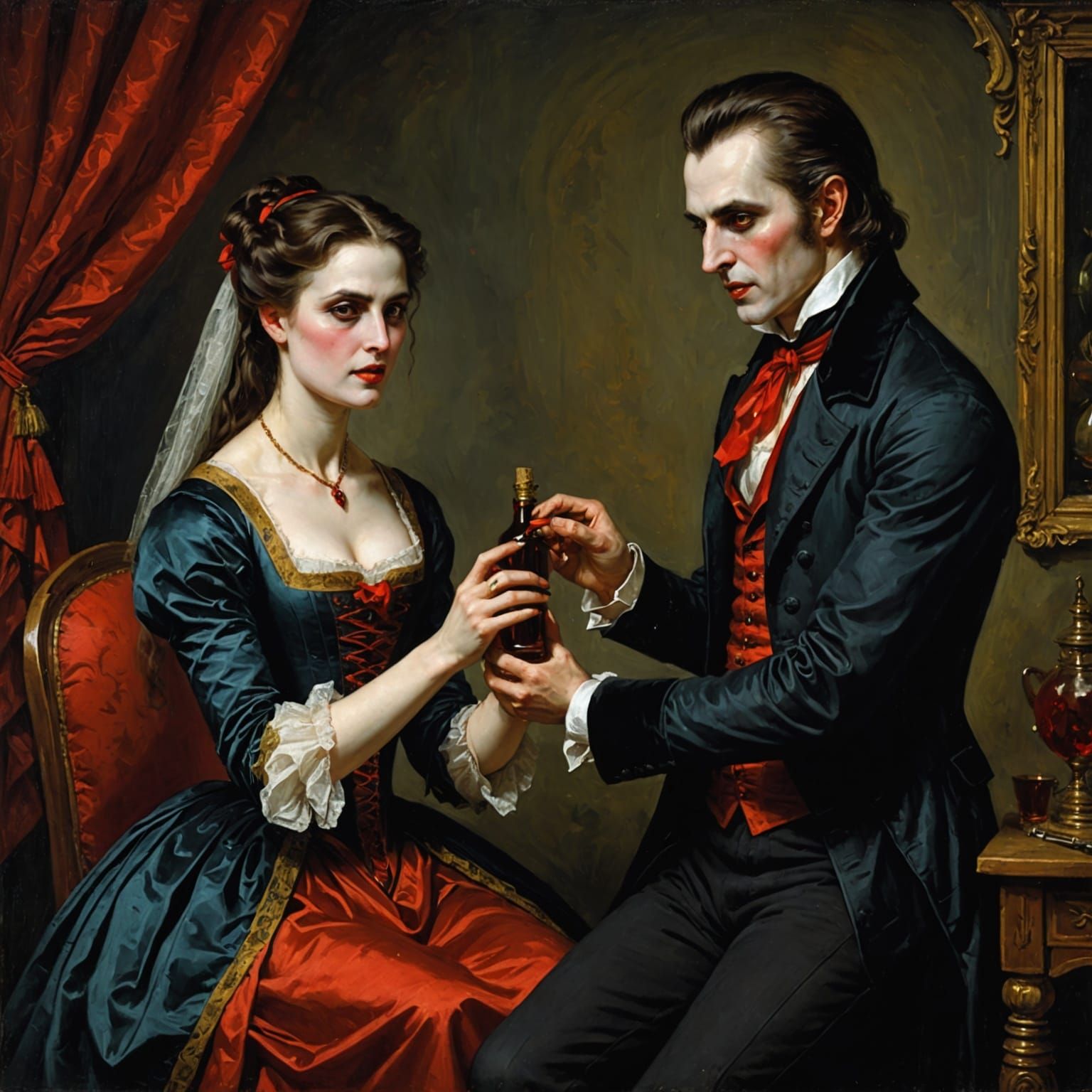 Vampire Gifts Blood Bottle to Girlfriend, 1800s Oil Painting