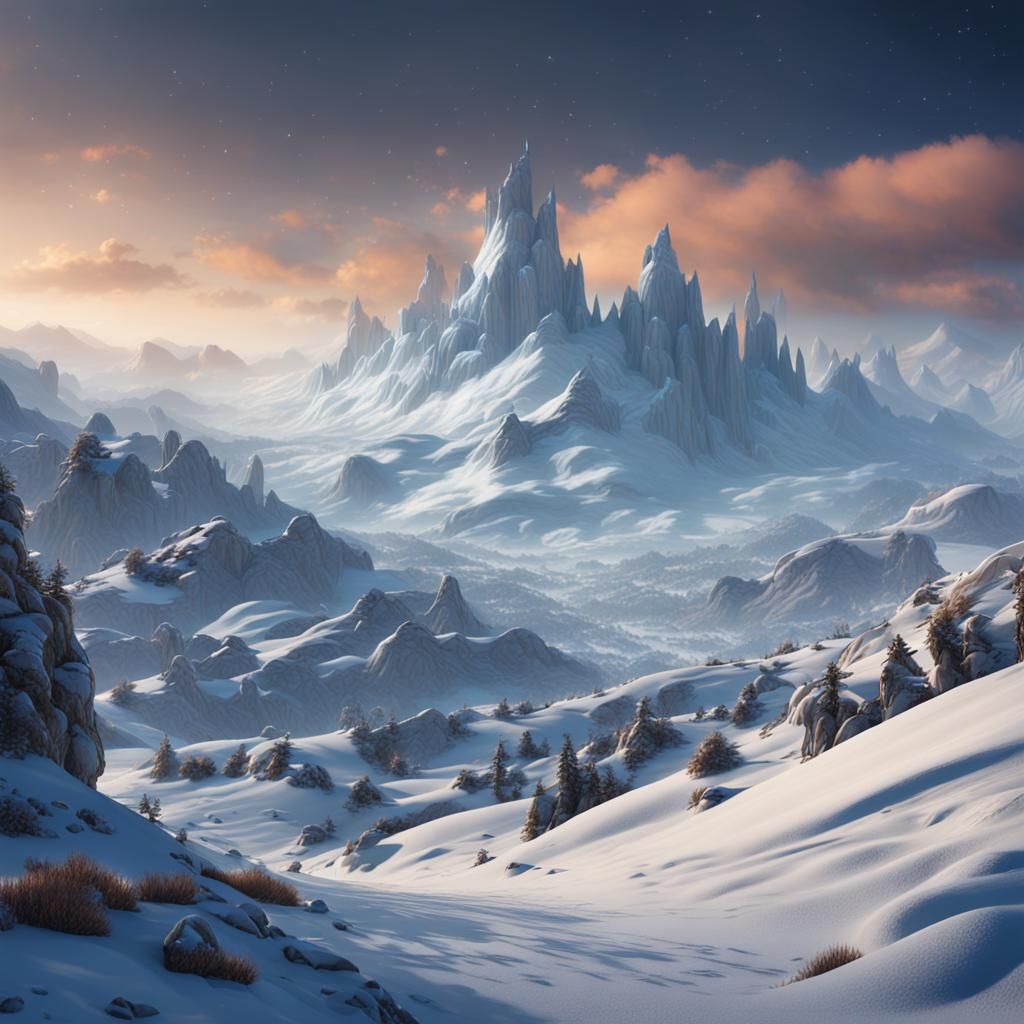 Snowy Hills in Detailed Matte Painting Style