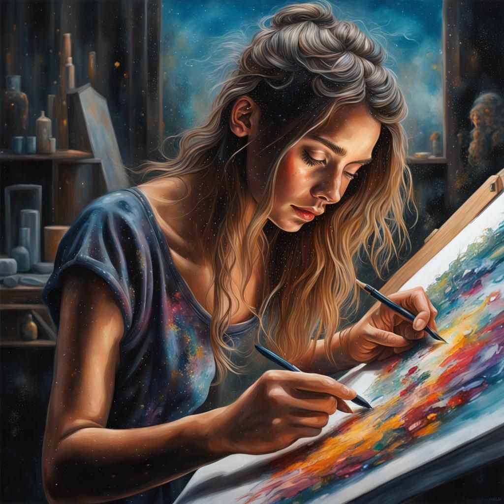 Creative Artist at Work: Oil Painting with Double Exposure