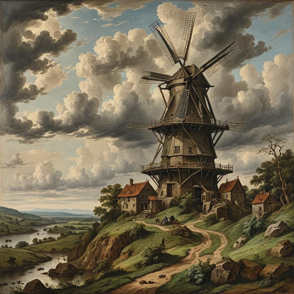 Old Windmill on Hill in Cloudy Weather