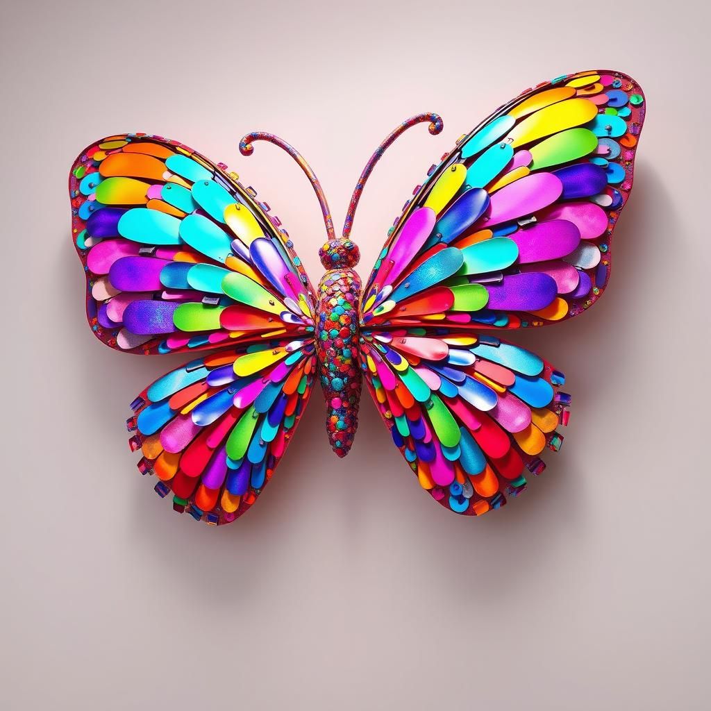 Iridescent Butterfly Sculpture Composed of Toilet Seats