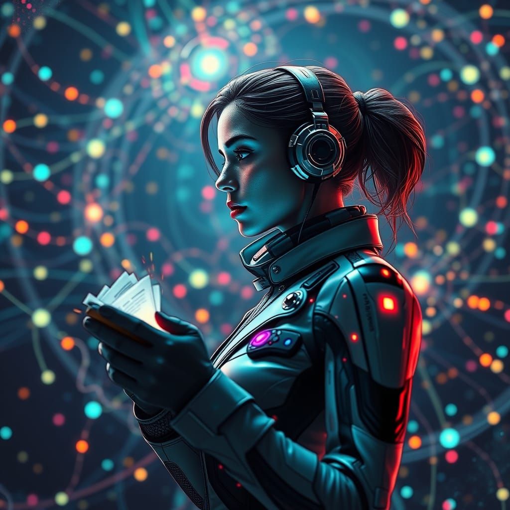 Woman Data Leeching in Futuristic Cyberpunk Scene