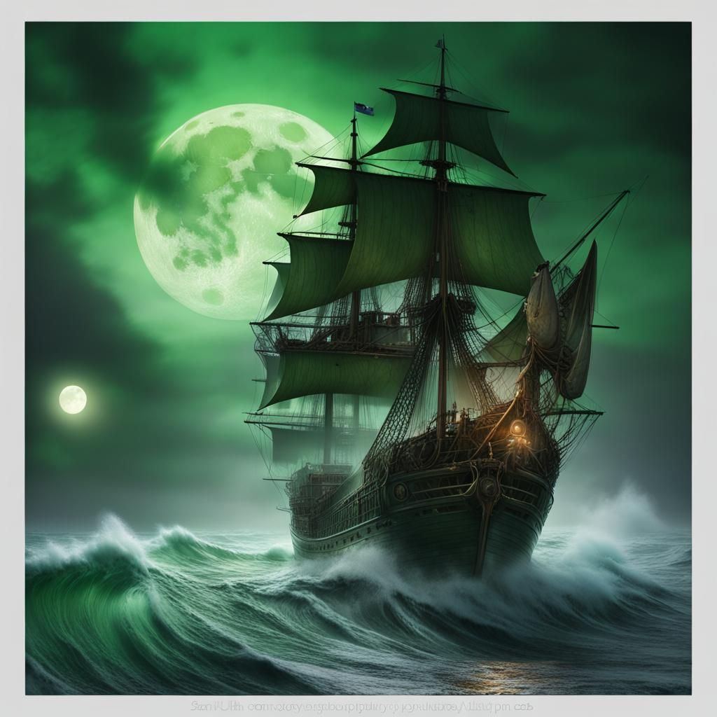 Ghostly Pirate Ship on Agitated Ocean in Hyperrealism
