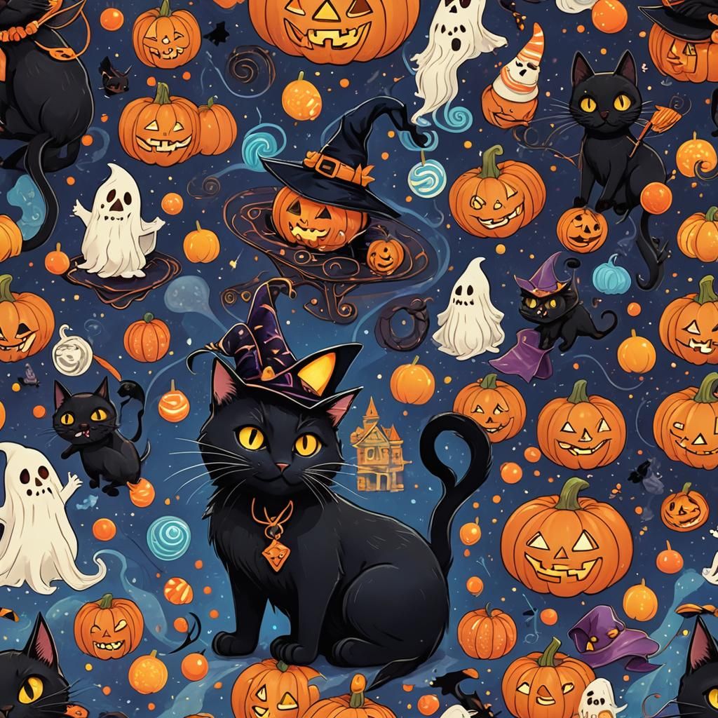 Halloween Cat and Ghost in Whimsical Digital Art