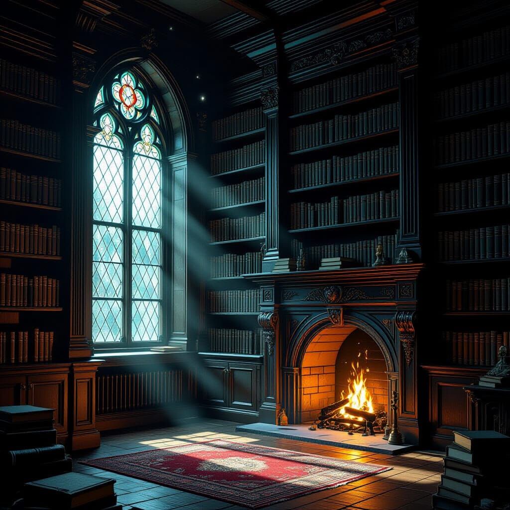 Dimly Lit Antique Library with Stained Glass Light