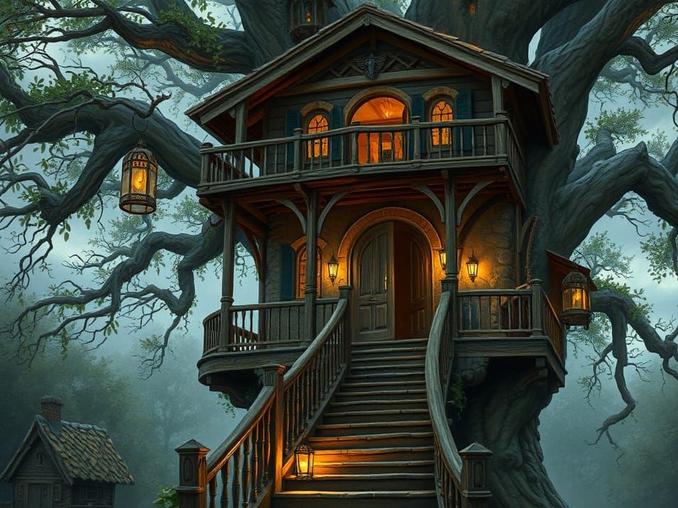 Whimsical Hobbit Treehouse at Dusk in Fantasy Style