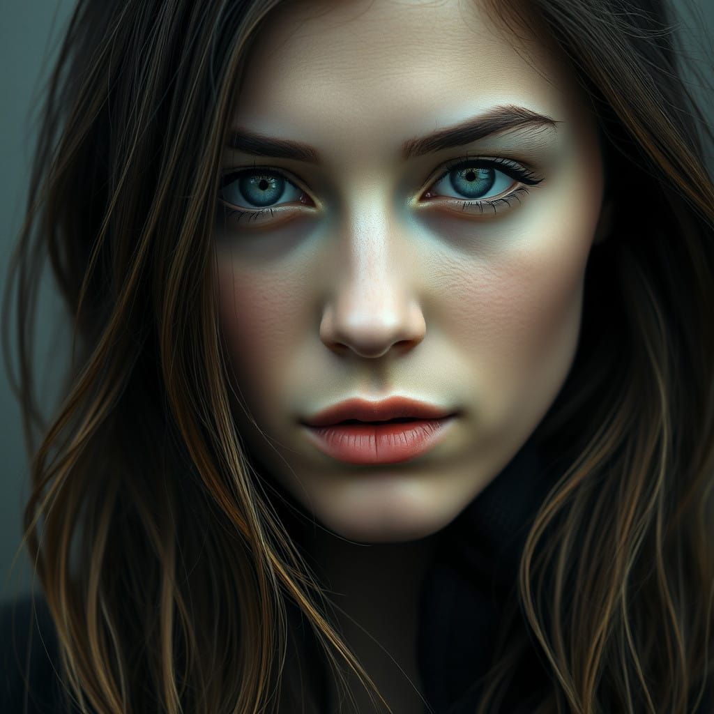 Enigmatic Young Woman in Moody, Hyperrealistic Style