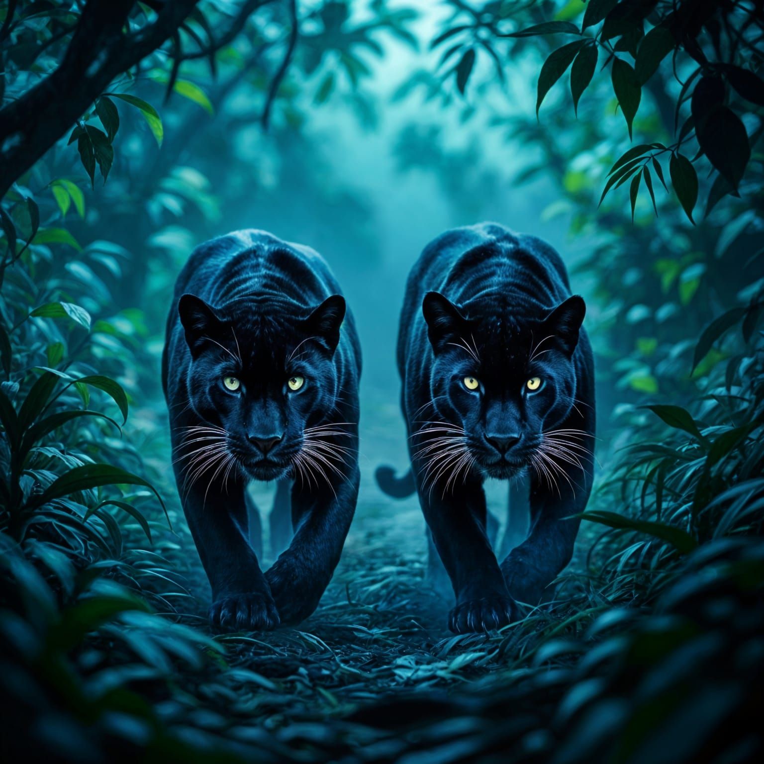 Black Panthers Prowling Moonlit Jungle in Dark Fantasy Style