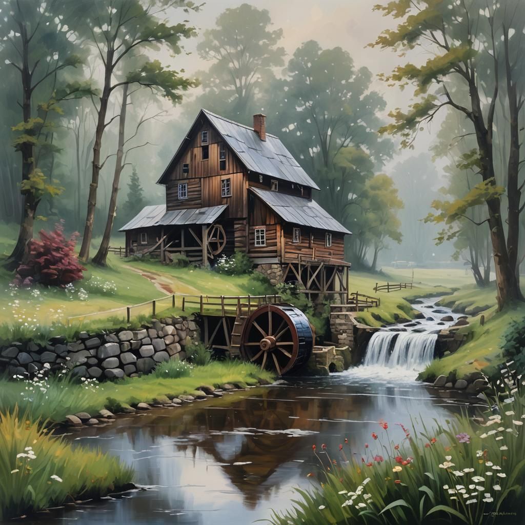 Water Mill in Foggy Meadow, Oil Painting