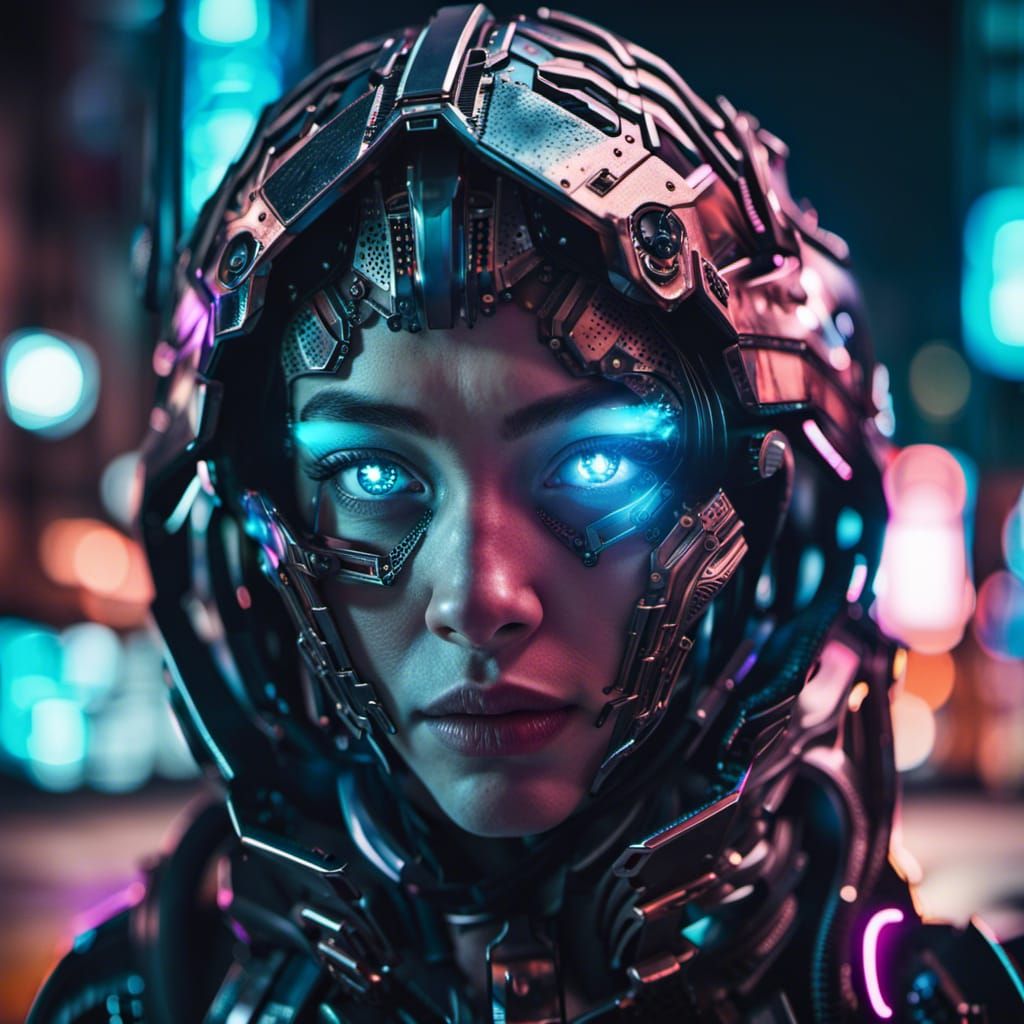 Cyborg in Neon City: Hyperrealistic Portrait