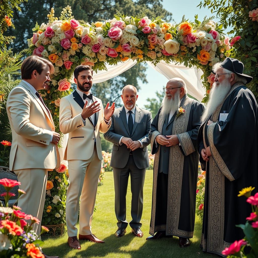 Tense Garden Wedding Confrontation in Hyperrealist Style