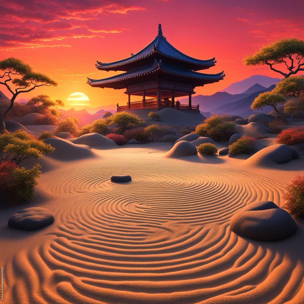 Zen Master Raking Sand in Sunset Garden