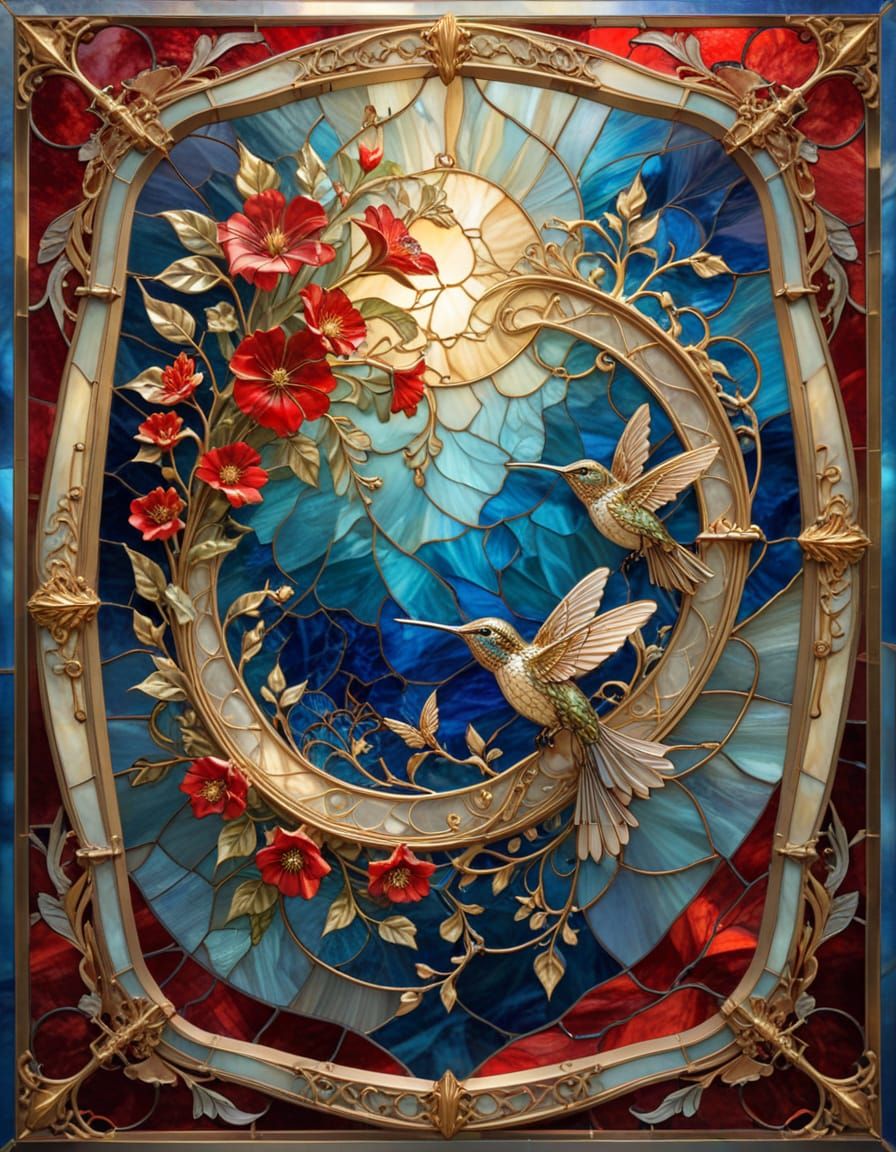 Art Nouveau Red Flowers in Ornate Gold Stained Glass Frame