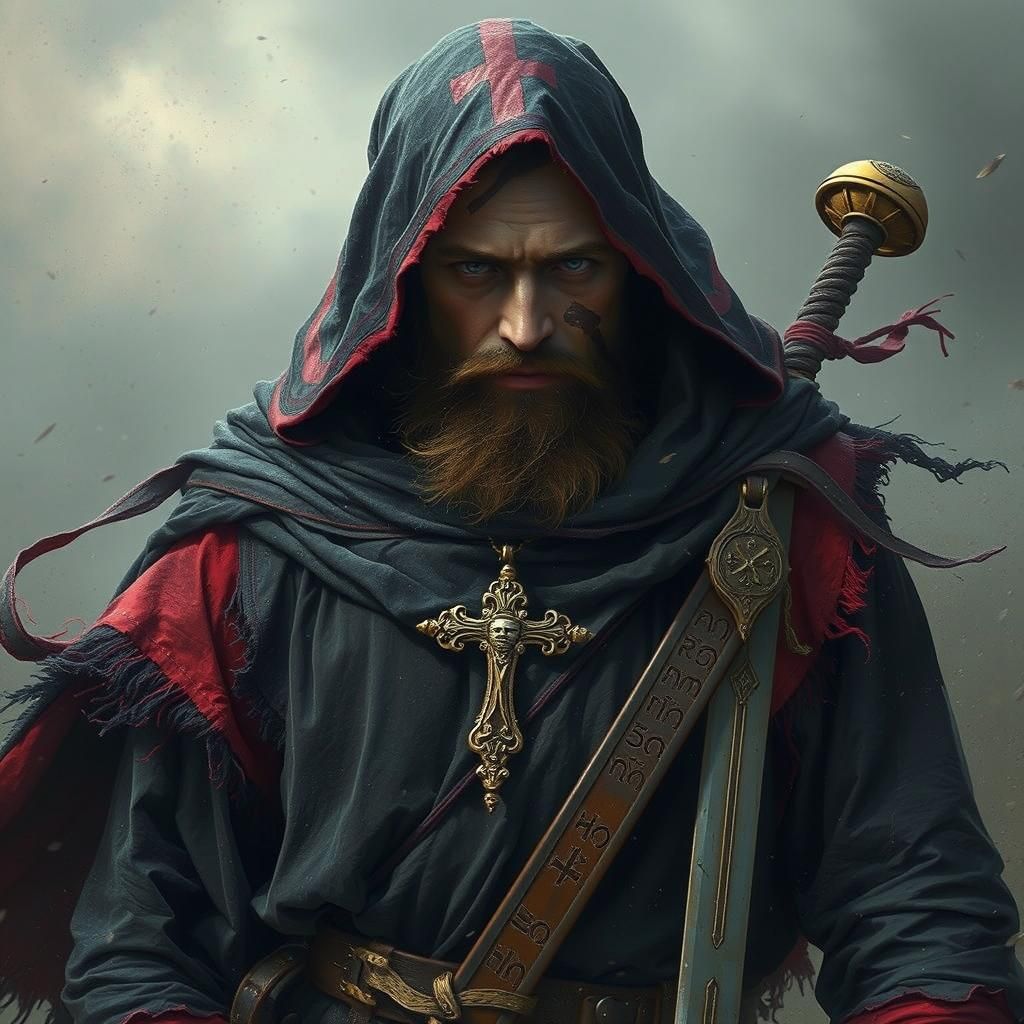 War-Torn Monk in Storm with Sword, Dark Fantasy Art