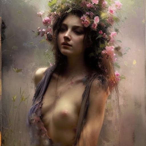 Romantic Floral Portrait in Oil Paint Style