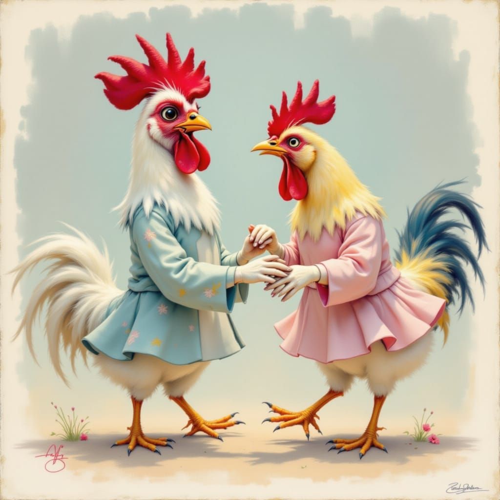 Vintage-Inspired Rooster and Chicken Dance in Soft Pastel Hu...