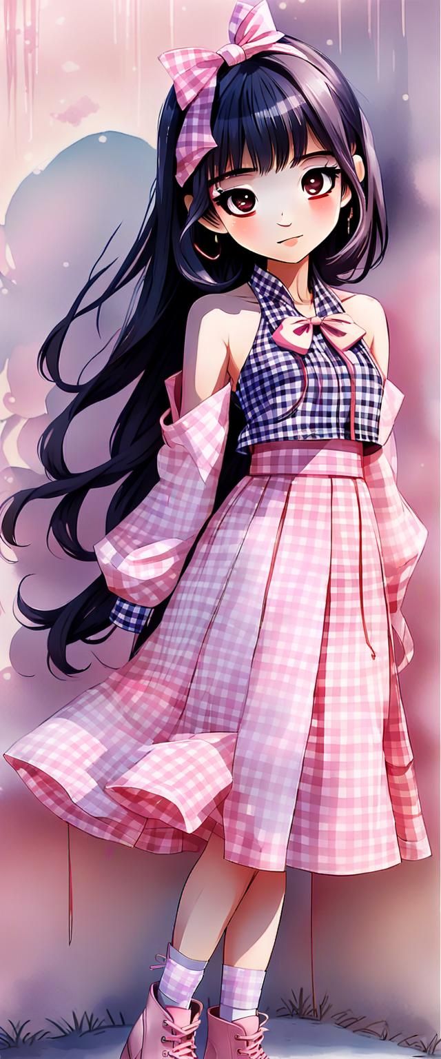Cute Anime Girl in Pink Gingham Outfit
