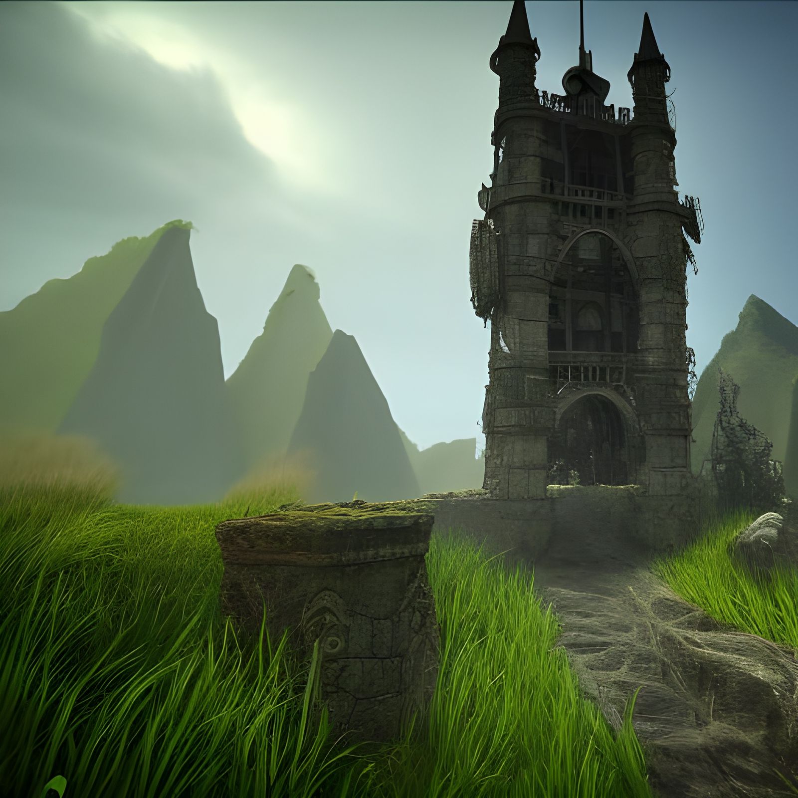 Ruined Gothic Tower on Cliffside: Dark Fantasy Art