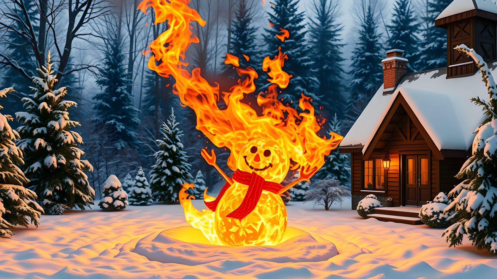 Christmas Snowman on Fire in Winter Garden