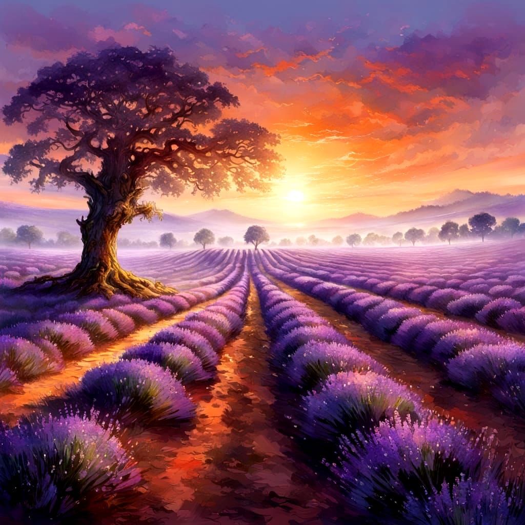 Lavender Field Sunrise: Ethereal Fantasy Art