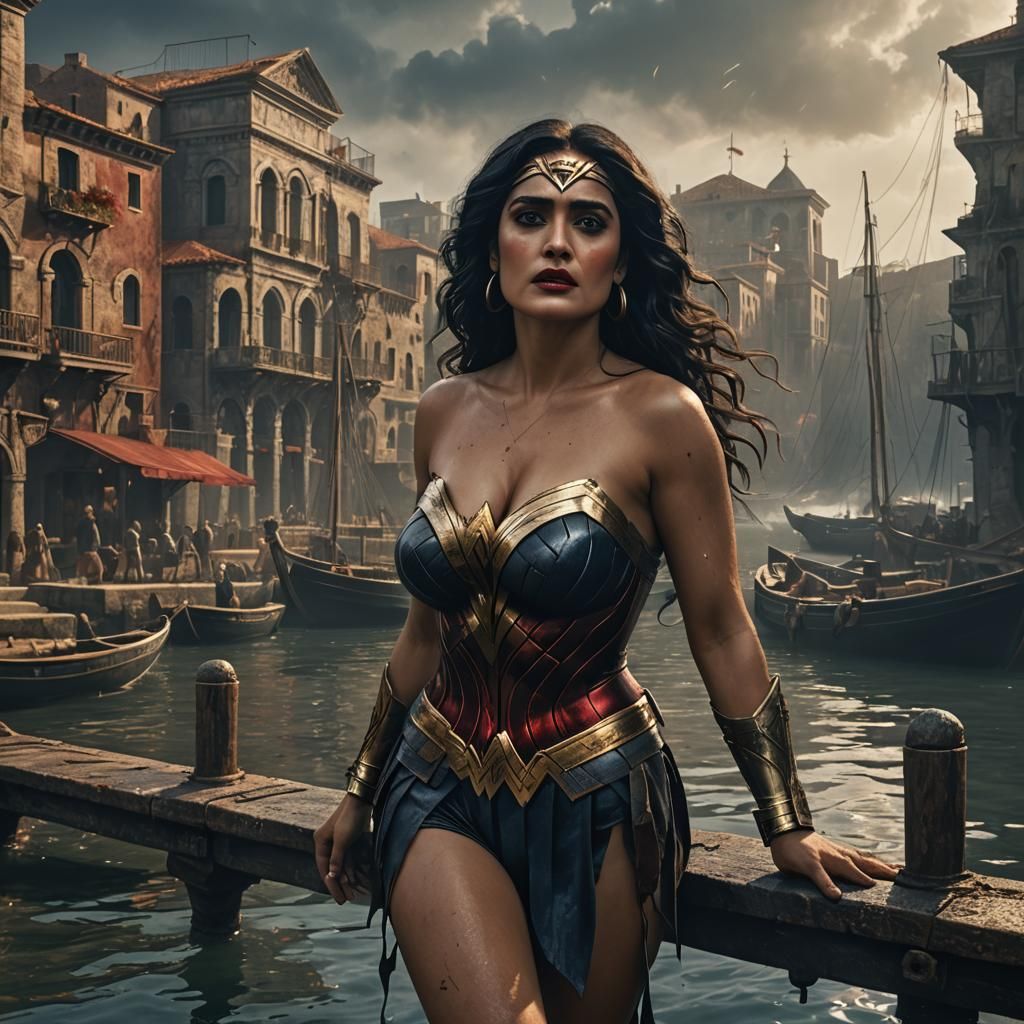 Young Woman as Wonder Woman in Roman Harbor