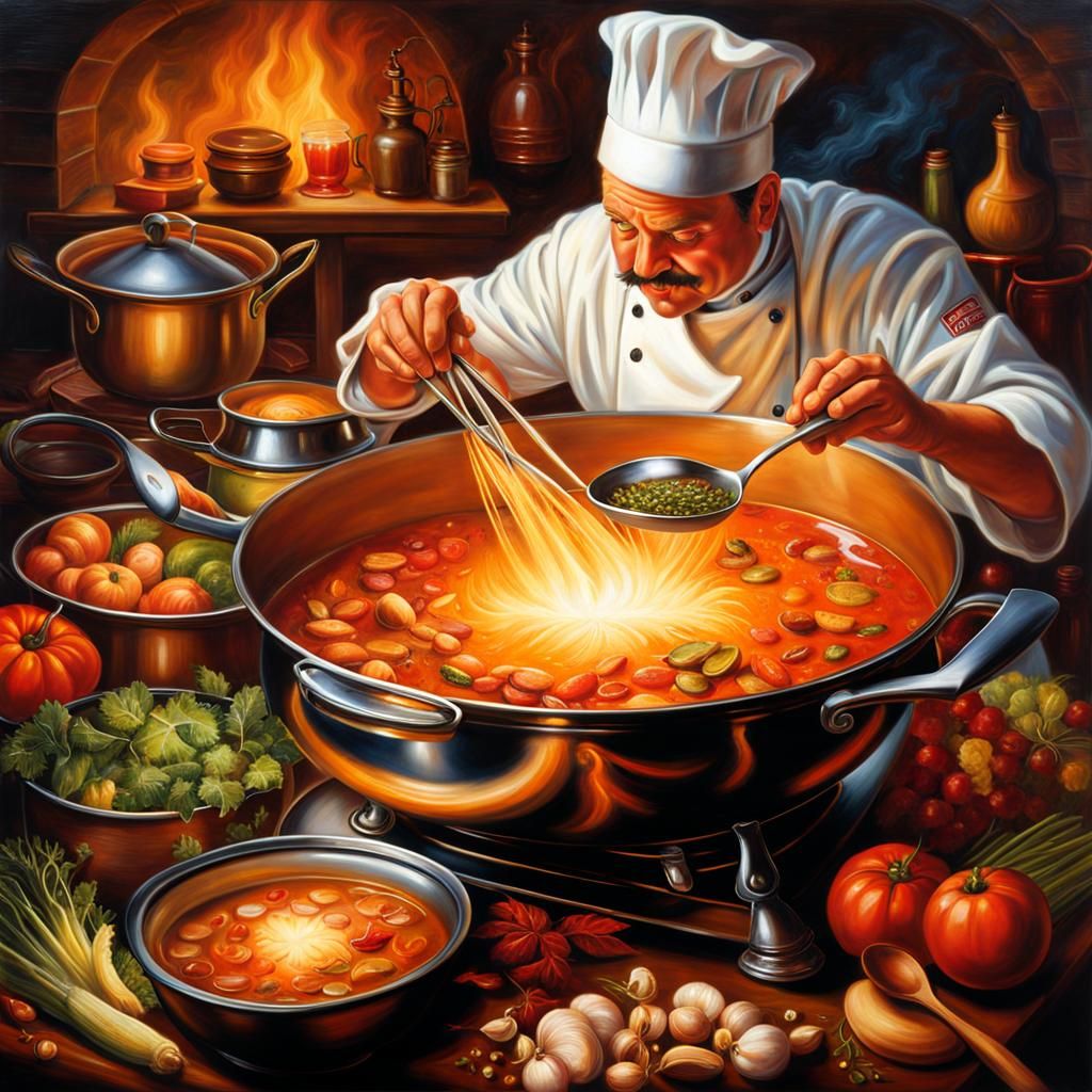 Hyperdetailed Oil Painting of Chef Cooking Soup