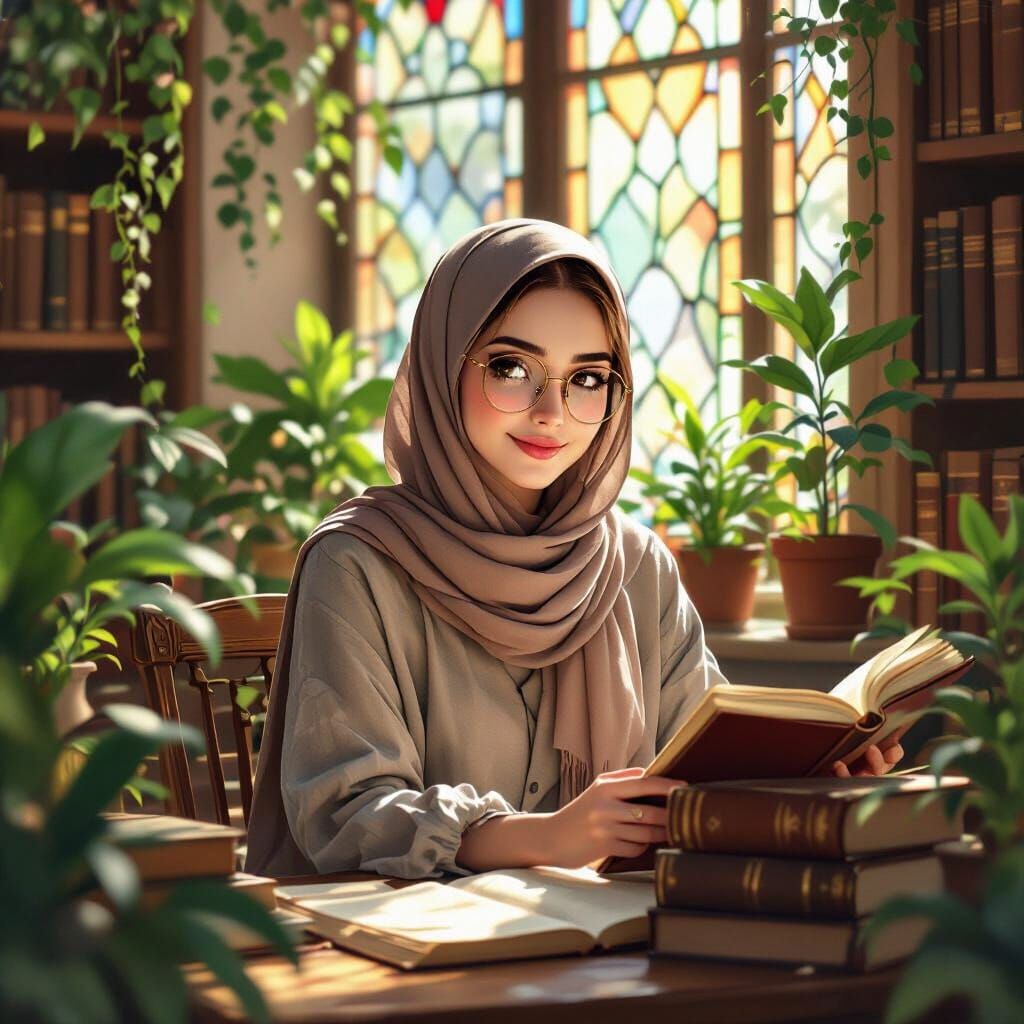 Woman in Hijab Reading in Dreamy Watercolor Library
