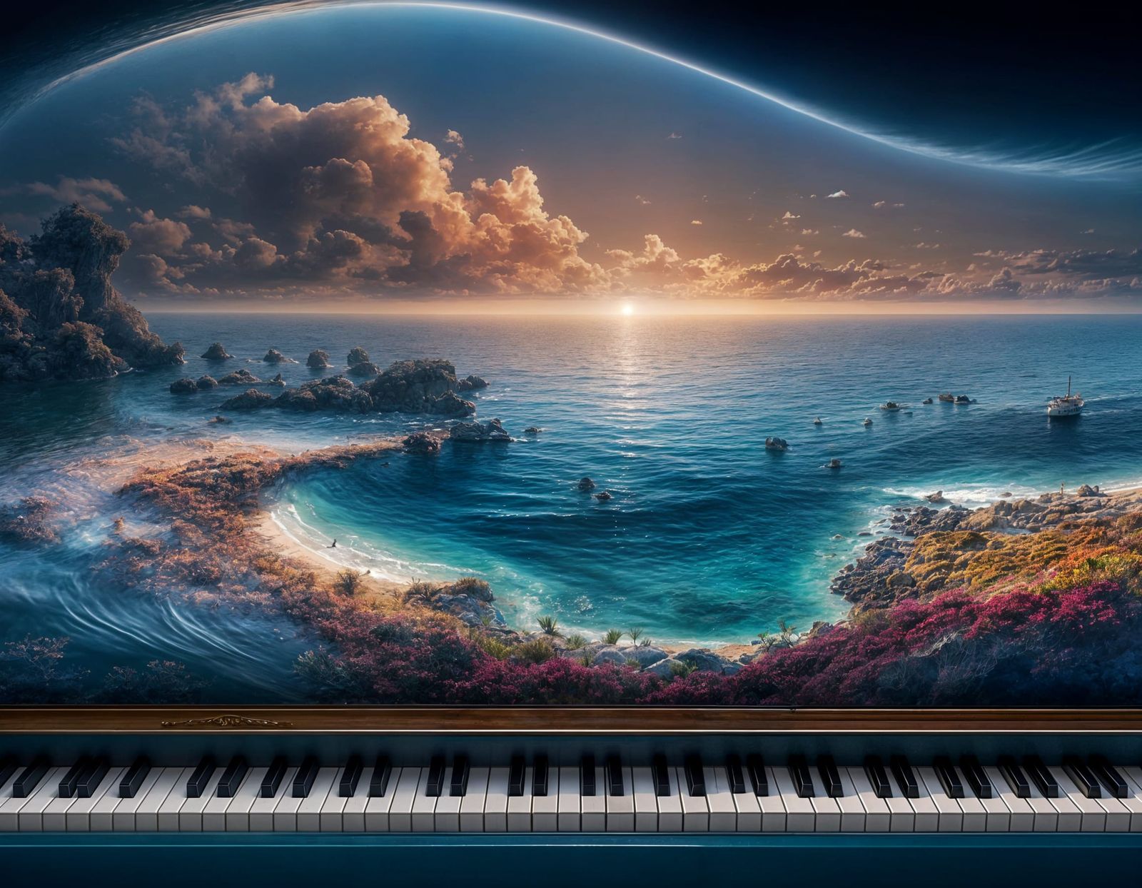 Piano Merges with Ocean in Tranquil Harmony