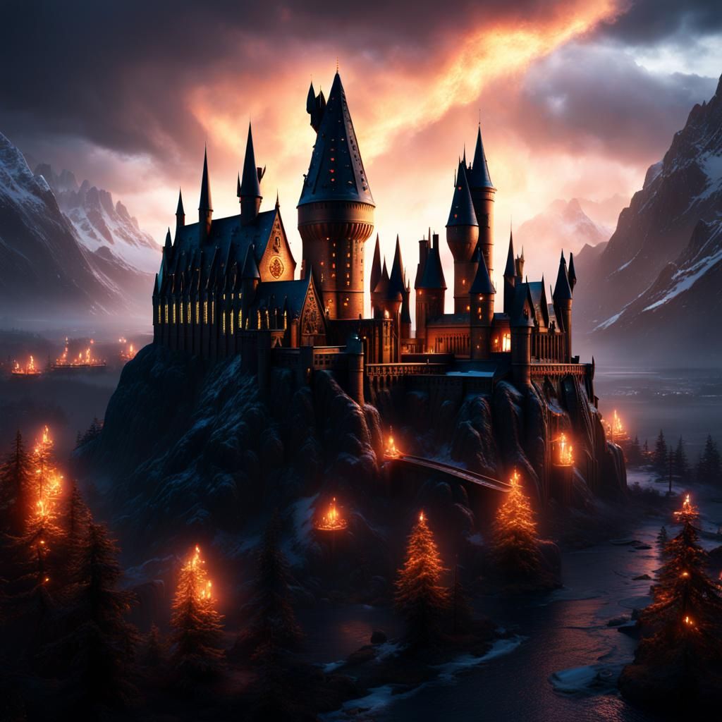 Hogwarts on a Stormy Night with Burning Roofs