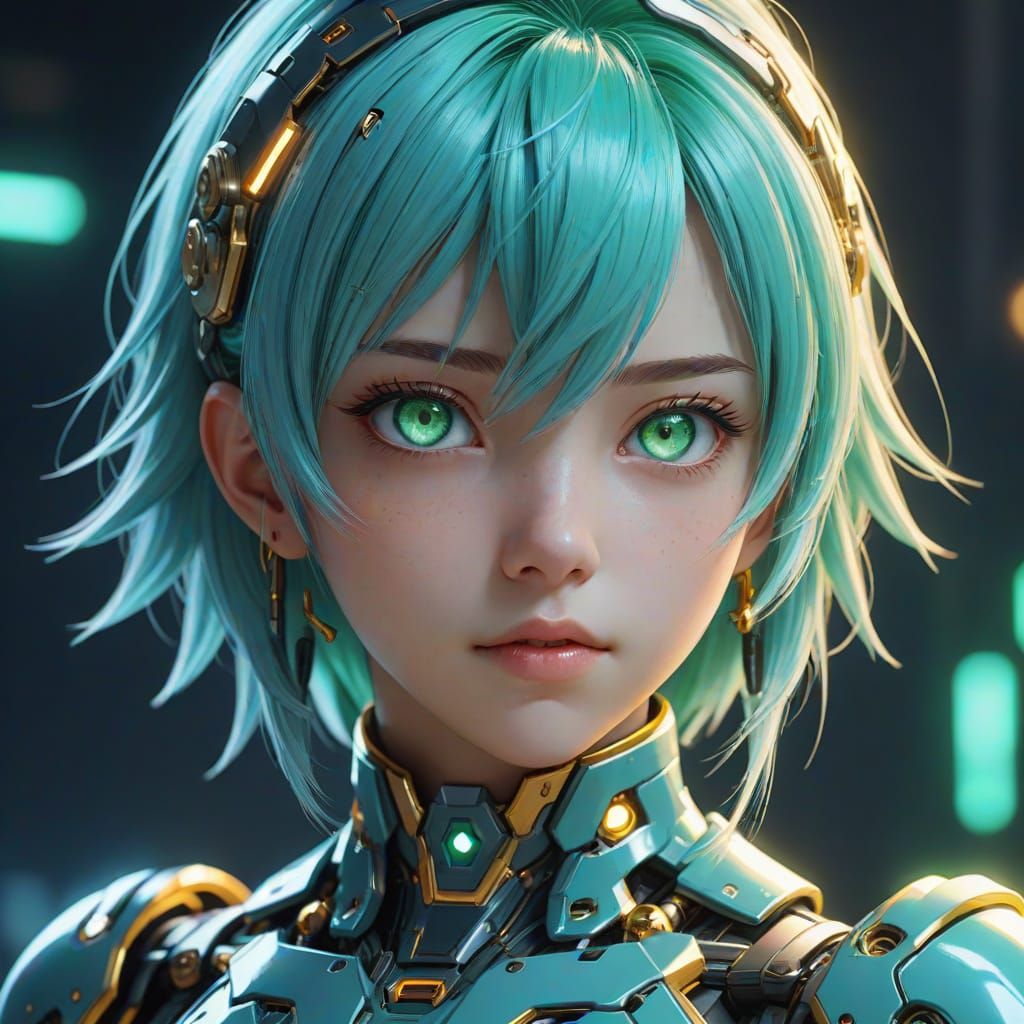 Android Goddess with Radiant Aqua Hair and Glowing Circuits