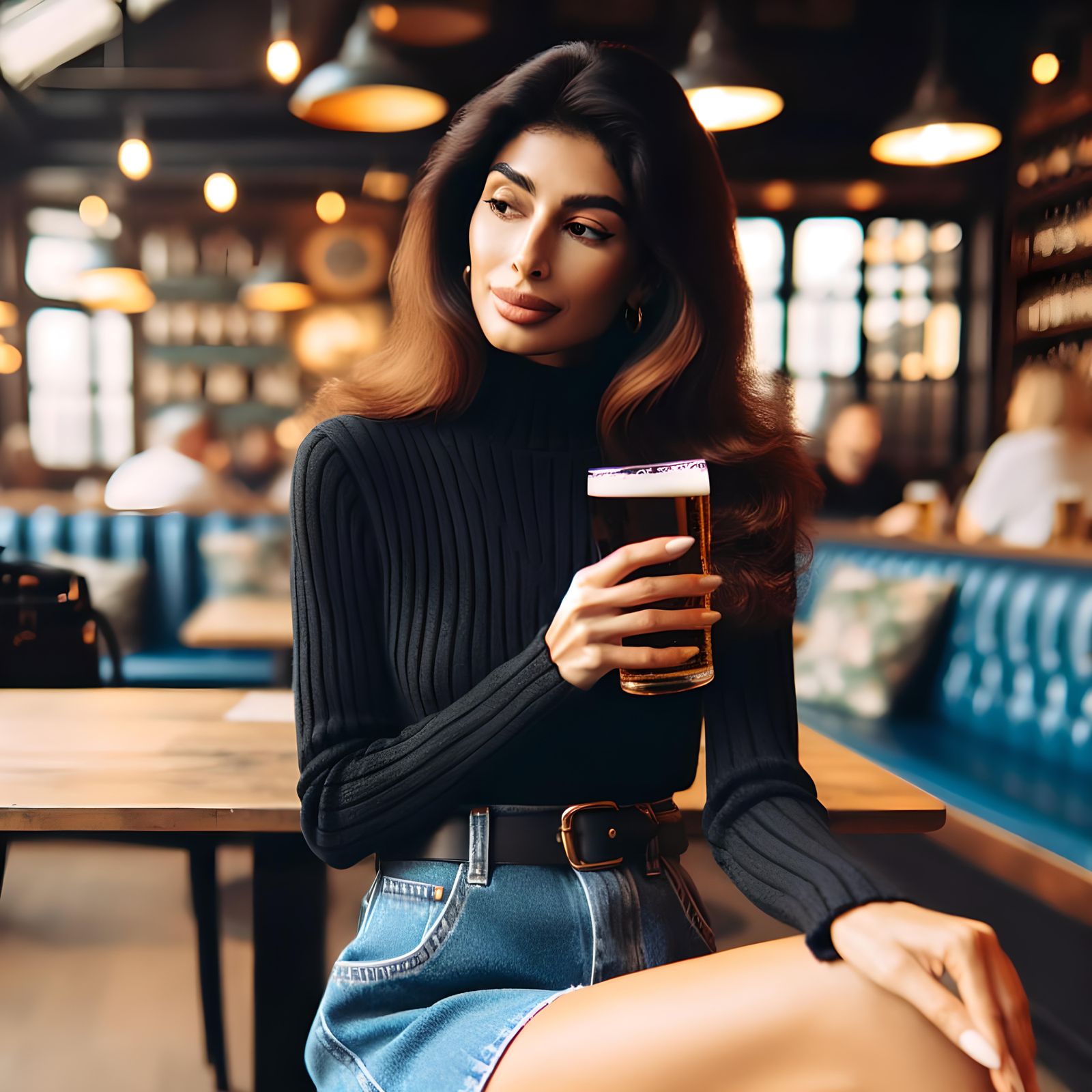 Woman Enjoying Beer in Restaurant