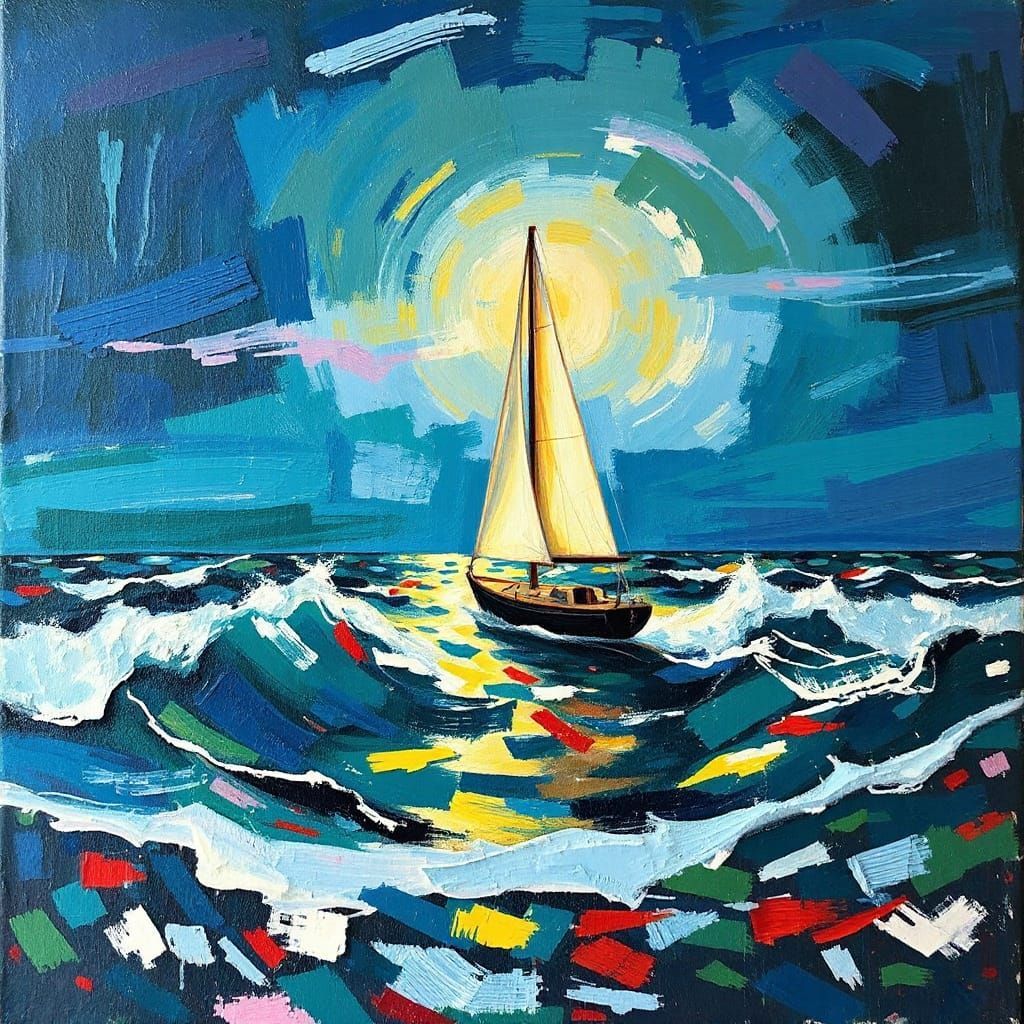 Impasto Oil Painting of a Sailboat in a Whirlpool of Color