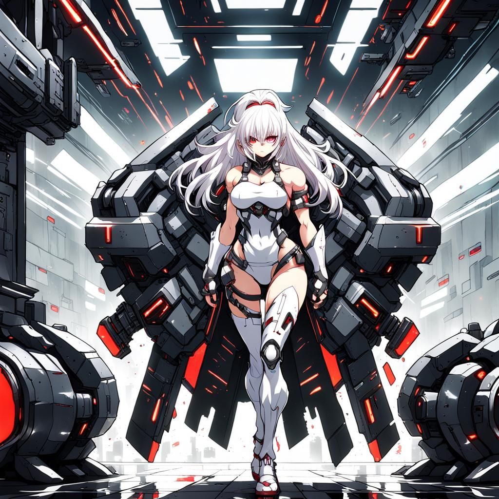 Muscular Cyborg Girl in Futuristic Lab, Anime Style
