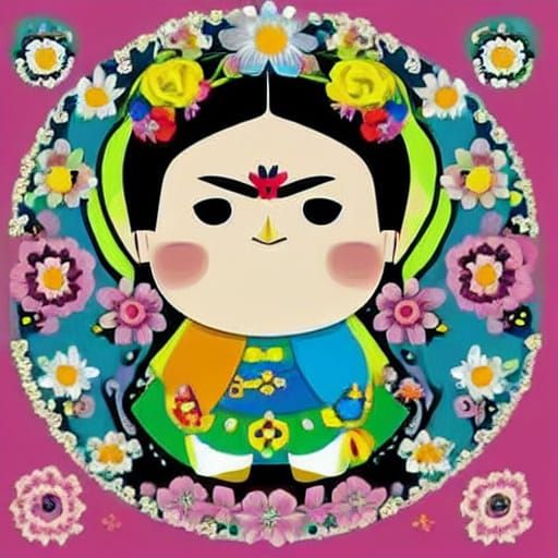 Frida Kahlo in Kawaii Cartoon Style