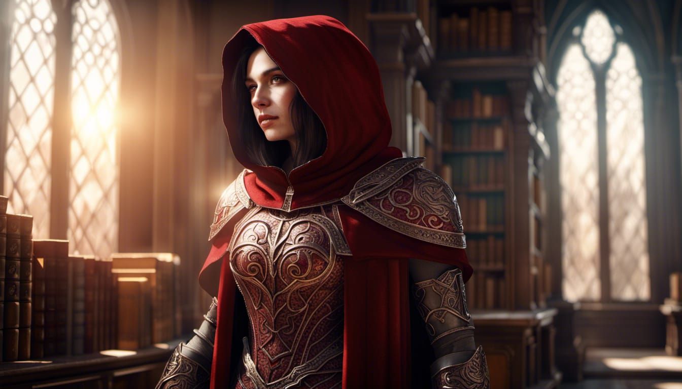 Female Knight in Ceramic Armor in Antique Library