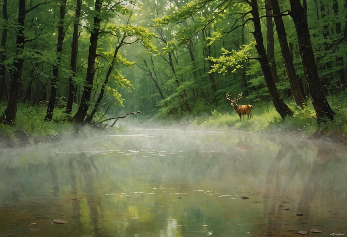 Creek Scene with Buck in Hennings Style