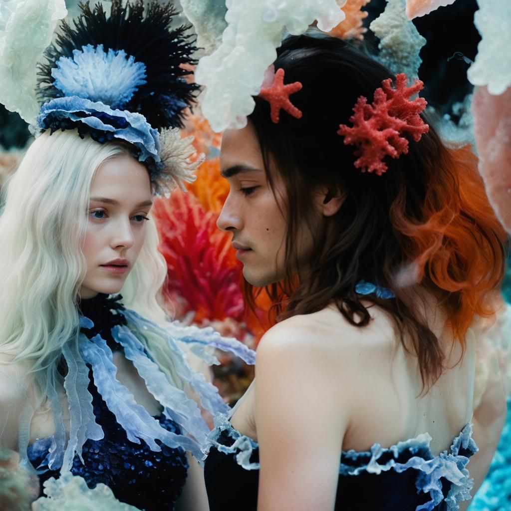 Ethereal Bioluminescent Couple in Glowing Oceanic Portrait