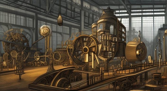 Steampunk City with Brass Buildings and Gears