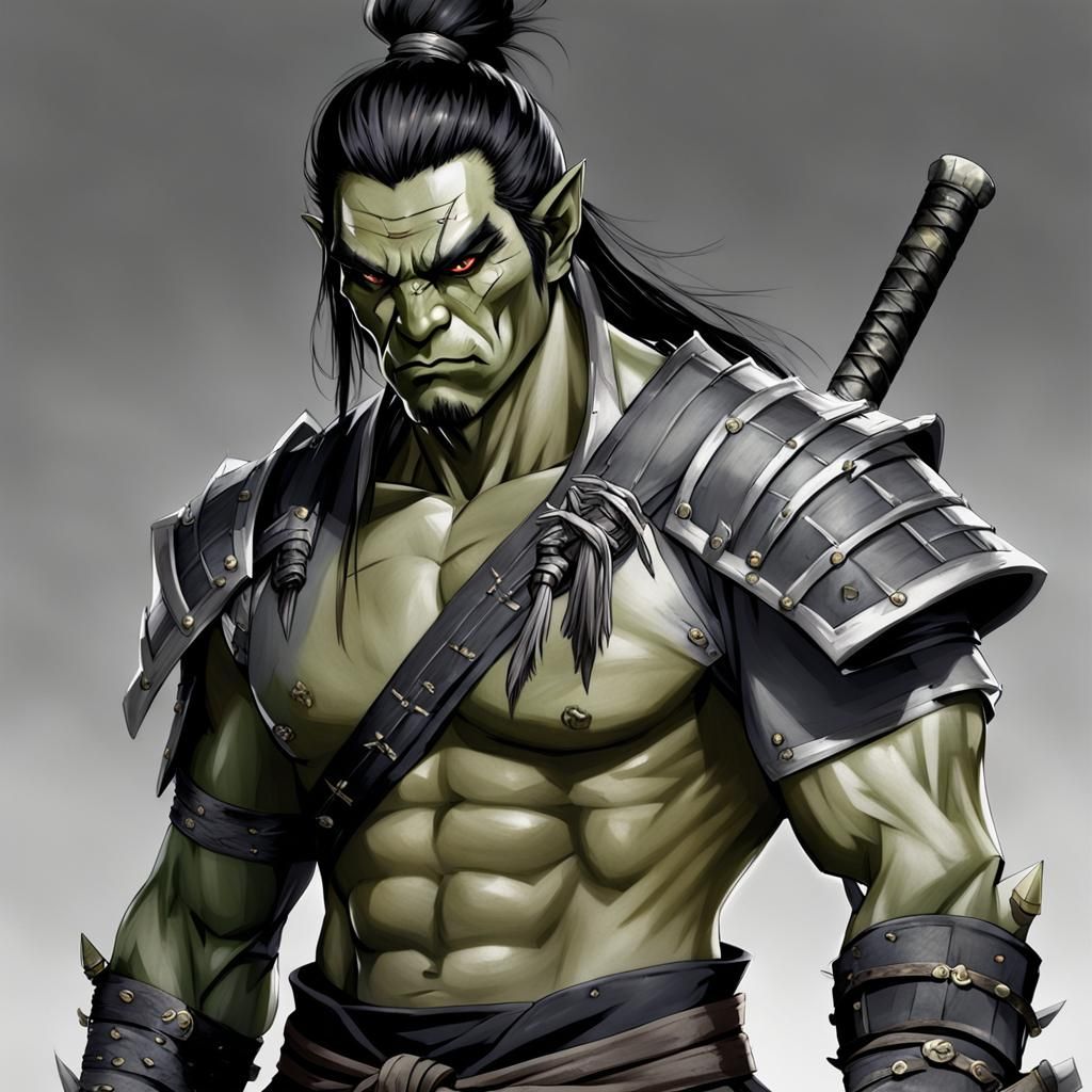 Handsome Half-Orc Samurai Character Portrait