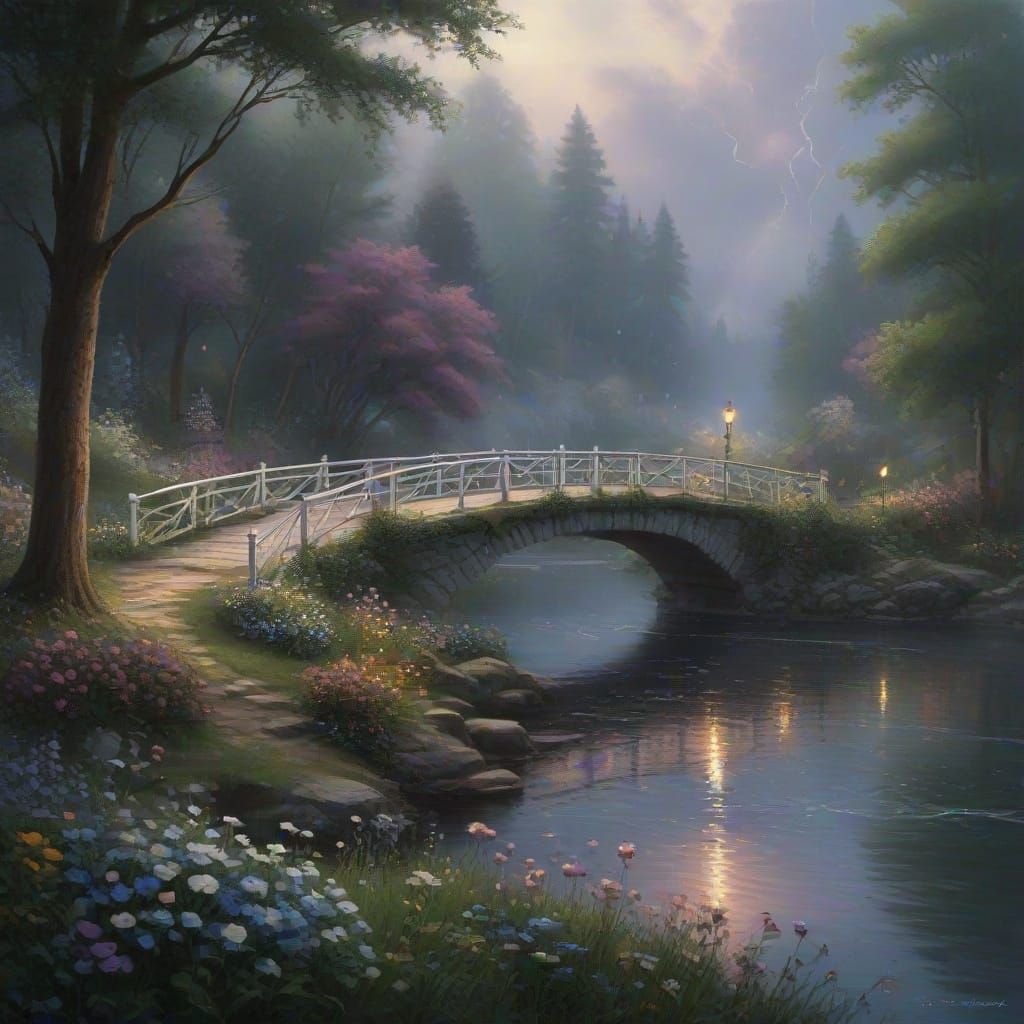 Ethereal Thunderstorm Over Lake with White Bridge