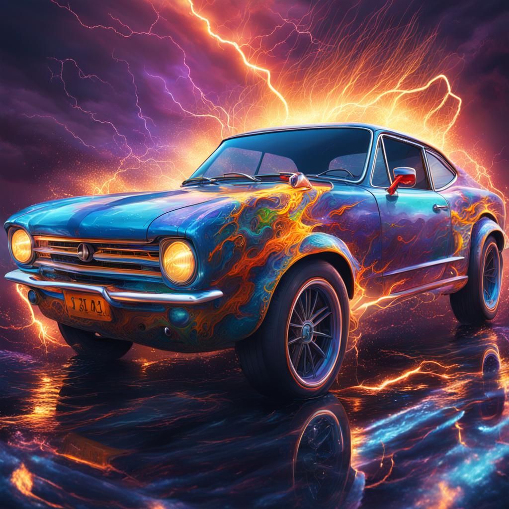 Hyperrealistic Car with Lightning Background