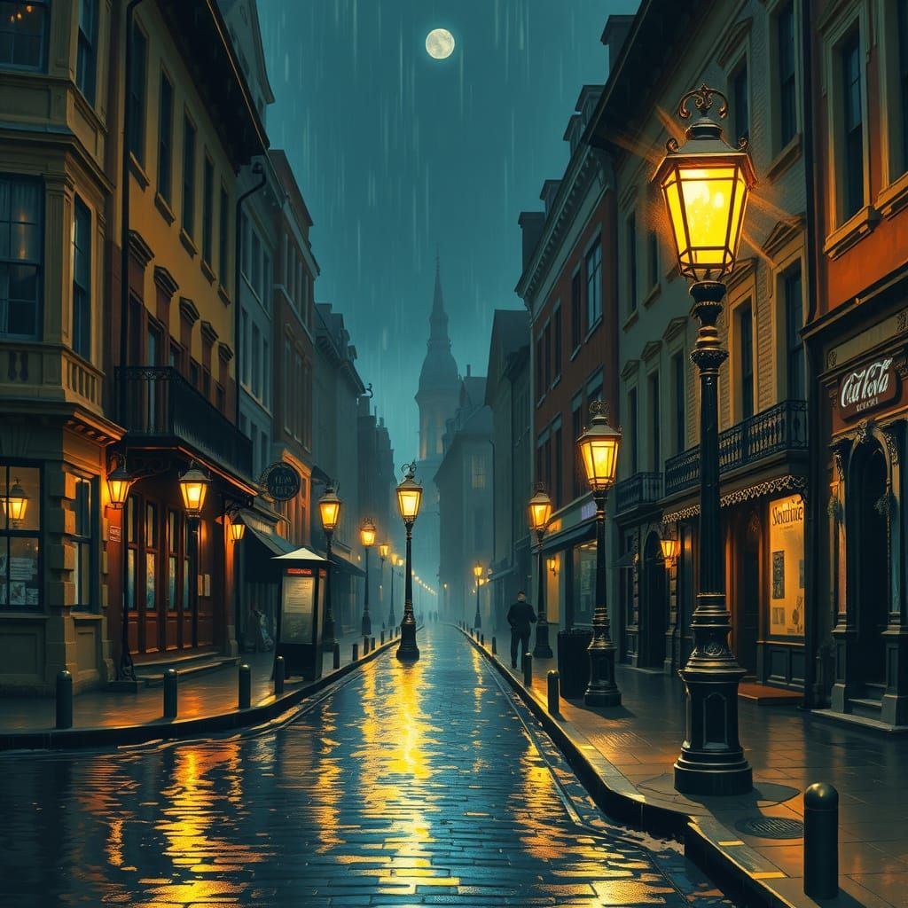 Victorian Town at Night in Impressionist Style