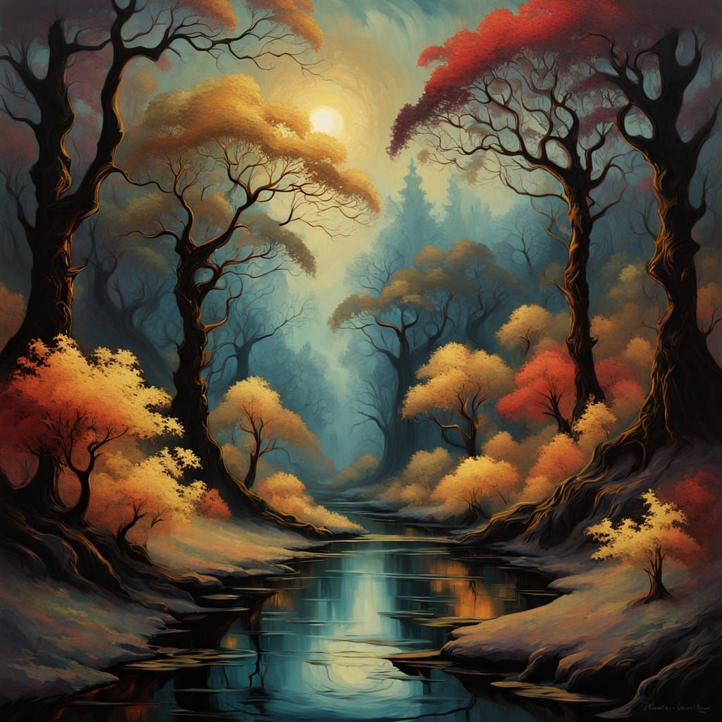 Vibrant Fractal Landscape in Oil Painting Style