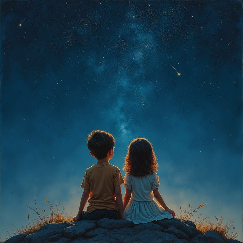 Surreal Star Gazing Duo in a Dreamlike, Melting Oil on Canva...
