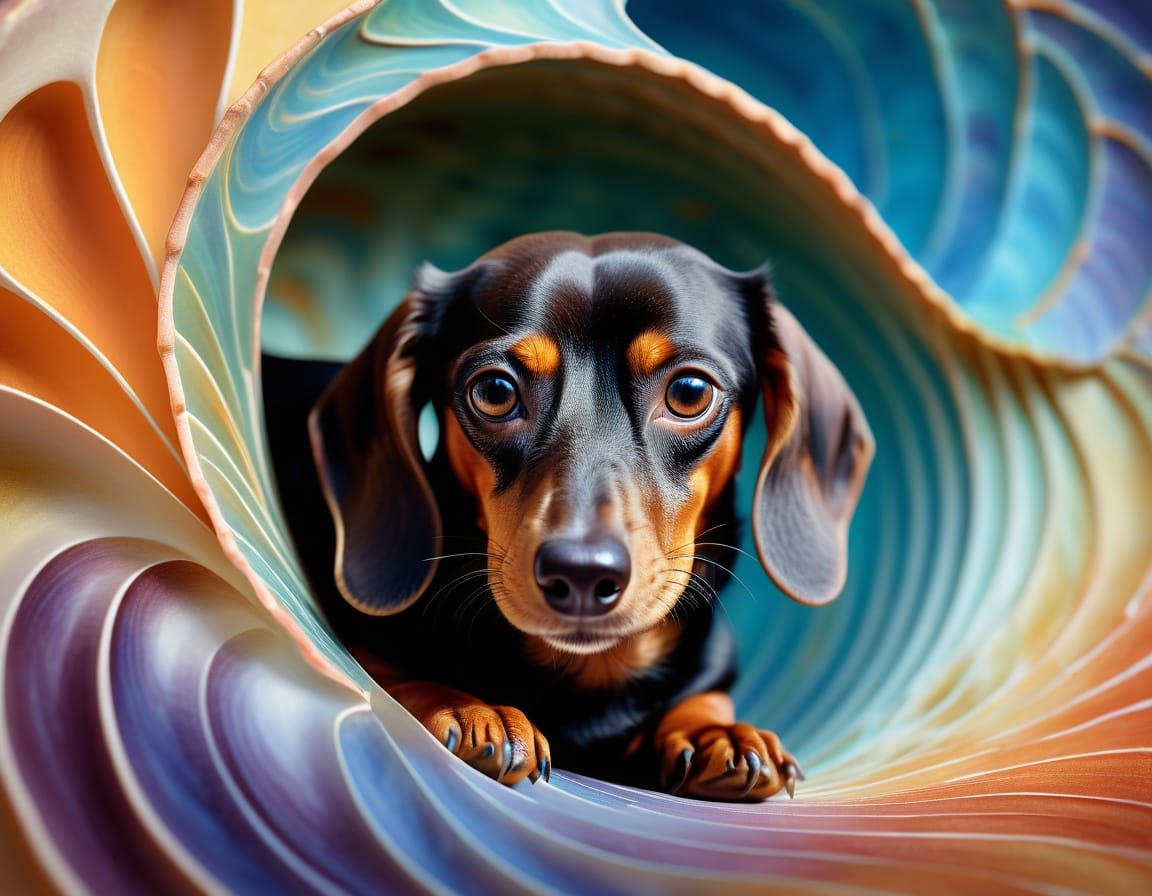 Surreal Dachshund in Nautilus Shell: Escher Style