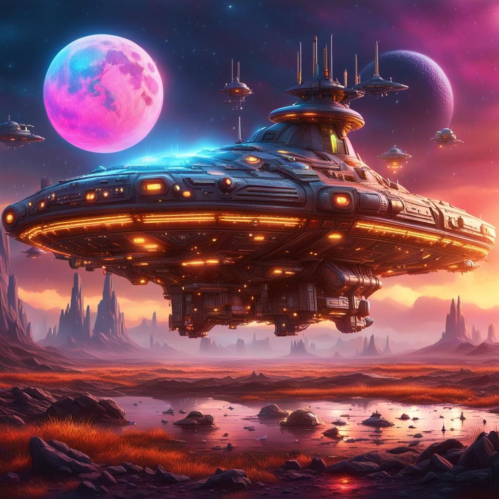 Hyperrealistic Spaceship on Alien Planet at Night