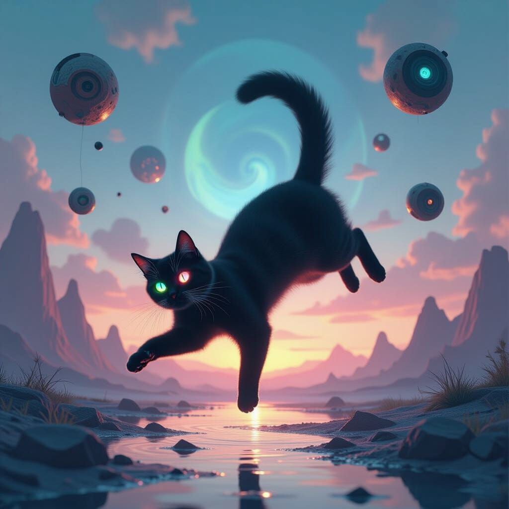 Mystical Cat Defying Gravity in Surreal Dreamscape